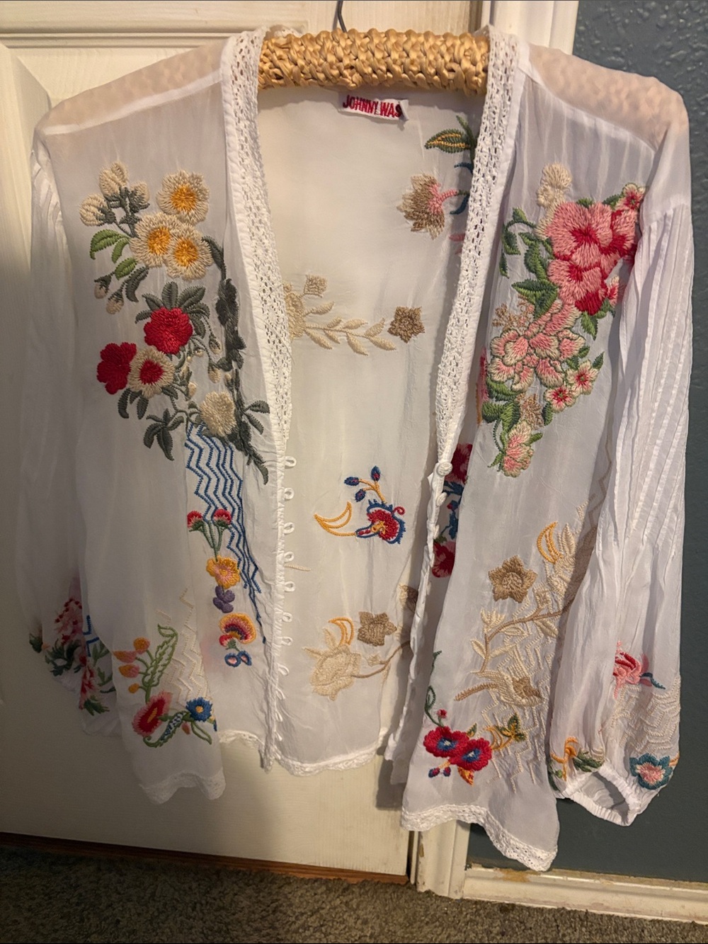 Johnny Was White Sheer Embroidered Open Front Jacket